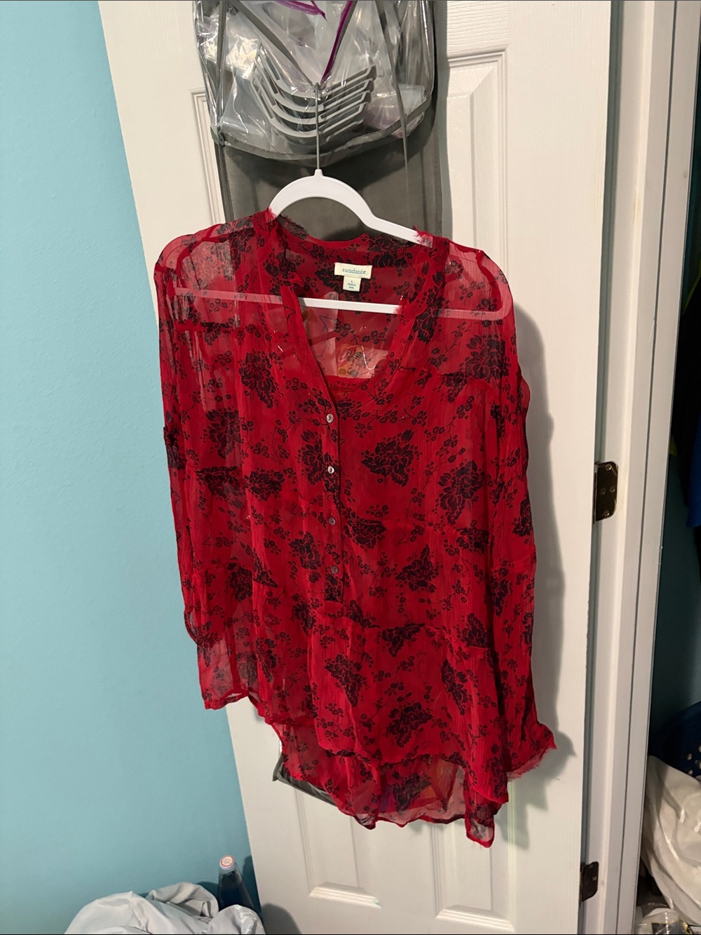 Sundance Red Sheer Floral Button-Front Blouse